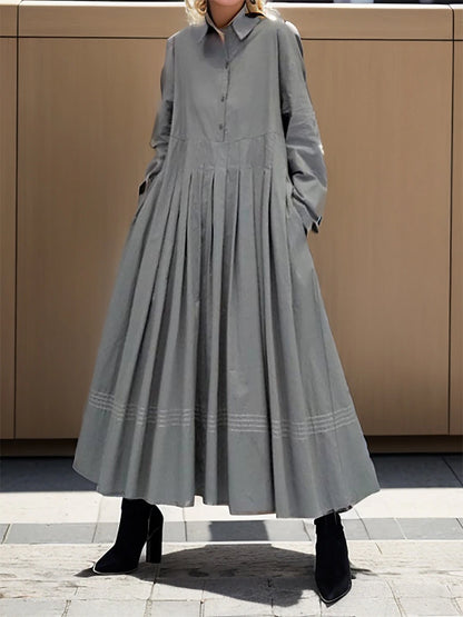 Women's Shirt Dress Casual Dress Swing Dress Maxi long Dress Outdoor Daily Vacation Polyester Fashion Classic Shirt Collar Pleated Button Long Sleeve Fall Winter 2023 Loose Fit Gray Pure Color M