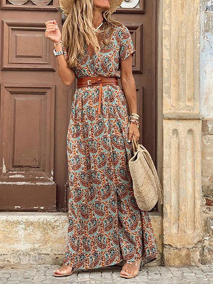 Women's Wrap Dress Maxi long Dress Red Brown Short Sleeve Floral Print Split Ruffle Boho Dress Spring Summer Dress V Neck Elegant Vintage 2023 S M L XL XXL 3XL - LuckyFash™