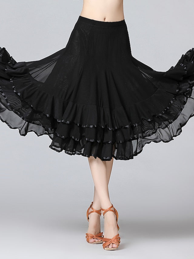 Ballroom Waltz Modern Dancing Latin Dance Skirts Pleats Cascading Ruffles Wave-like Women's Training Performance Natural Mesh Milk Fiber - LuckyFash™