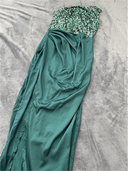 Women's Sequin Dress Sheath Dress Summer Dress Long Dress Maxi Dress Sequins Split Date Vacation Streetwear Maxi Strapless Sleeveless Pink Blue Green Color