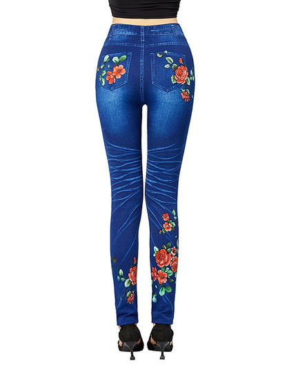 Women's Slim Polyester Floral Blue Fashion High Waist Full Length Street Causal Summer Fall