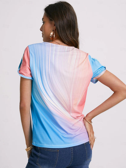 Women's T shirt Tee Ombre Color Gradient Vacation Button Cut Out Pink Short Sleeve Stylish Neon & Bright V Neck Summer