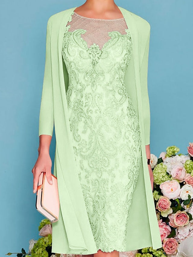 Two Piece Sheath / Column Mother of the Bride Dress Formal Church Elegant Jewel Neck Knee Length Chiffon Lace 3/4 Length Sleeve Wrap Included Jacket Dresses with Beading Appliques 2023 - LuckyFash™