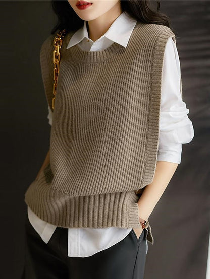 Women's Sweater Vest Crew Neck Ribbed Knit Cotton Spandex Yarns Button Oversized Summer Fall Outdoor Daily Going out Stylish Casual Soft Sleeveless Solid Color Brown Khaki Beige One-Size