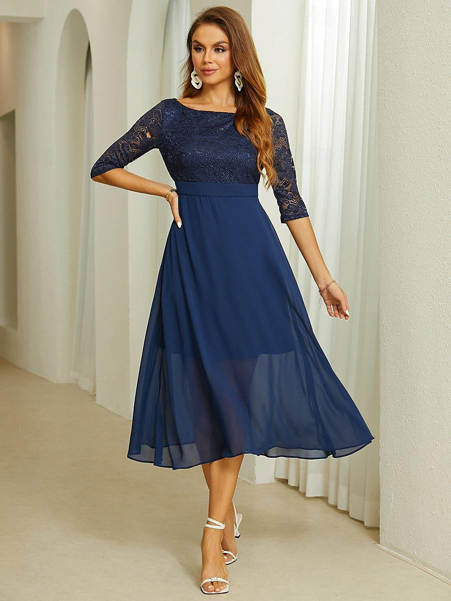 Women's Swing Dress Midi Dress Chiffon Lace Ruffle Party Elegant V Neck Sleeveless Dark Blue Color