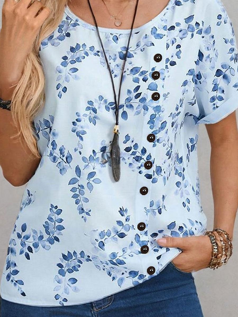 Women's Tunic Leaf Daily Button Blue Short Sleeve Daily Casual Crew Neck Summer