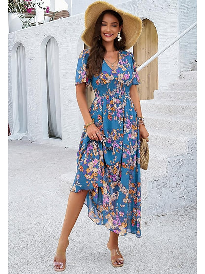 Women's Sundress Floral Graphic Elastic Waist Print V Neck Cold Shoulder Long Dress Maxi Dress Elegant Tropical Party Date Short Sleeve Summer Spring