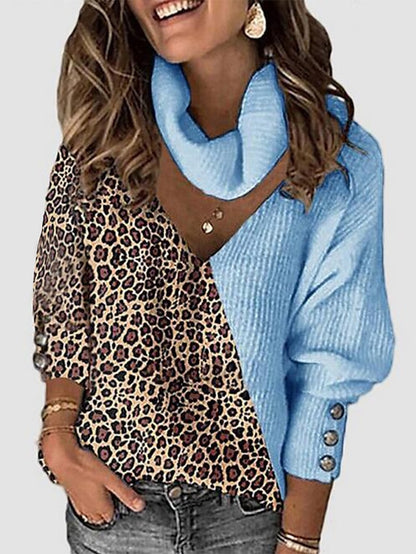 Women's Pullover Sweater Jumper Turtleneck V Neck Ribbed Knit Button Thin Hole Drop Shoulder Fall Winter Daily Going out Stylish Casual Long Sleeve Leopard Color Block Maillard Black White Wine S M L