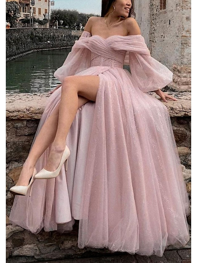 A-Line Prom Dresses Corsets Dress Formal Floor Length Long Sleeve Off Shoulder Tulle with Glitter Ruched Slit 2023 - LuckyFash™