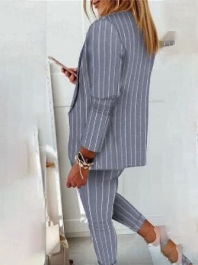 Women's Suits Office Work Daily Wear Spring Fall Regular Coat Regular Fit Thermal Warm Windproof Breathable Stylish Contemporary Modern Style Jacket Long Sleeve Color Block Striped Print White+Black - LuckyFash™