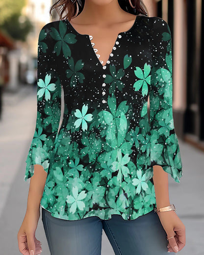 Women's Shirt Blouse Floral Casual Holiday Button Print White 3/4 Length Sleeve Fashion Round Neck Spring &  Fall