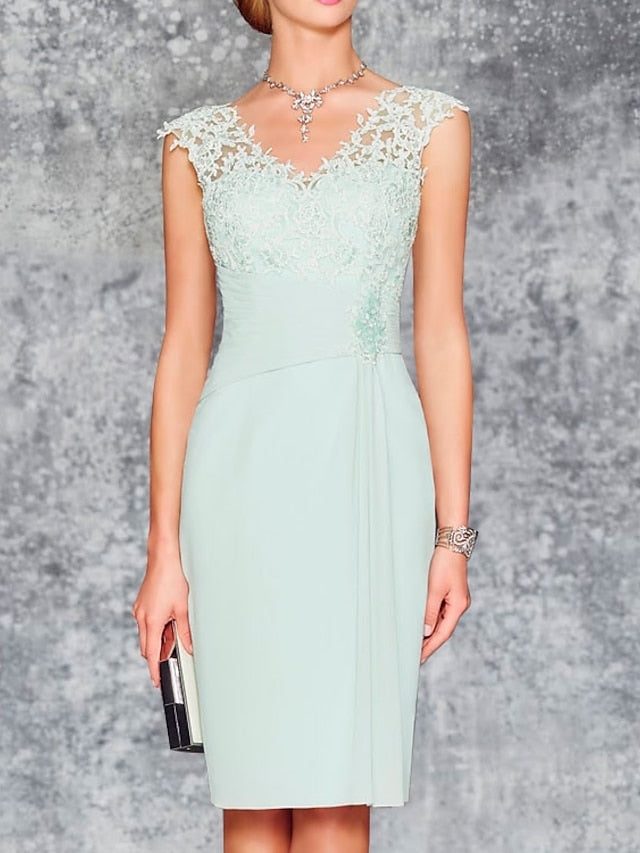 Two Piece Sheath / Column Mother of the Bride Dress Wedding Guest Church Elegant V Neck Knee Length Chiffon 3/4 Length Sleeve with Embroidery 2023 - LuckyFash™