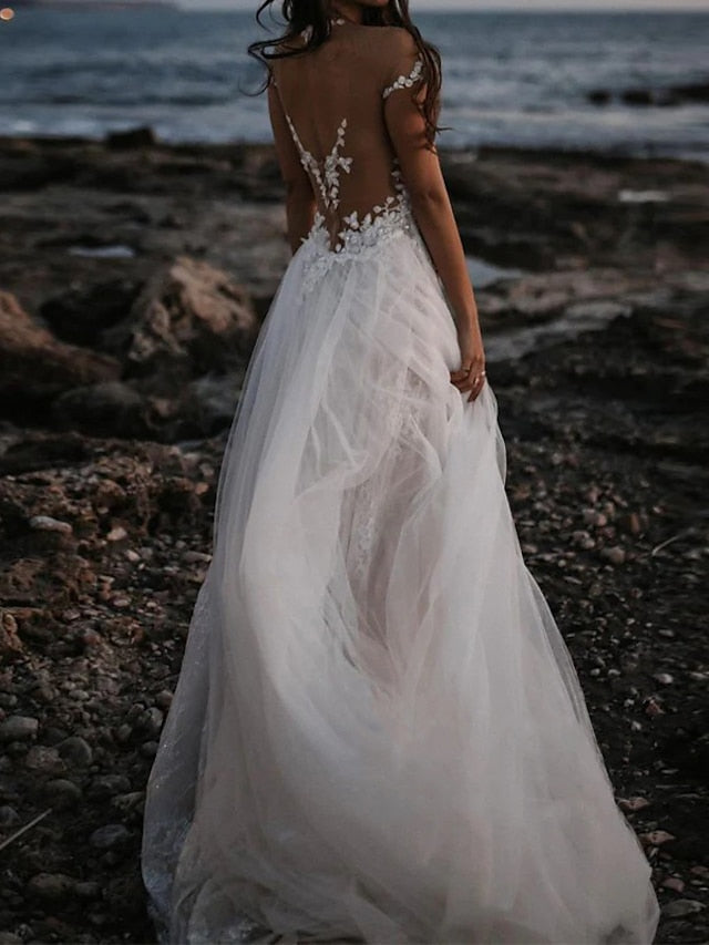 Beach Open Back Boho Wedding Dresses A-Line Off Shoulder Cap Sleeve Court Train Lace Bridal Gowns With Appliques Solid Color 2023 Summer Wedding Party, Women's Clothing - LuckyFash™