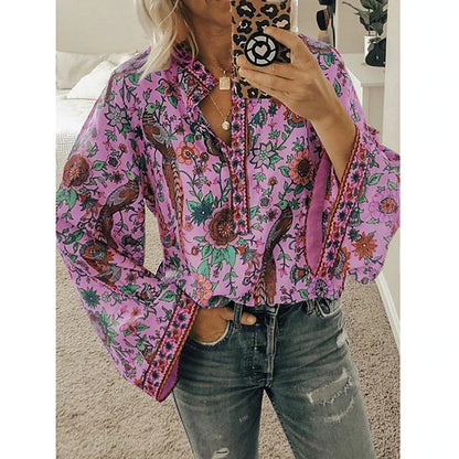 Women's Shirt Blouse Yellow Pink Dusty Rose Graphic Floral Button Print Long Sleeve Daily Holiday Vintage Boho Streetwear Round Neck Regular Boho S