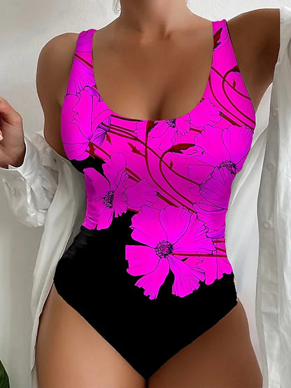 Women's Swimwear One Piece Normal Swimsuit Printing Floral Pink Red Blue Bodysuit Bathing Suits Sports Beach Wear Summer - LuckyFash™