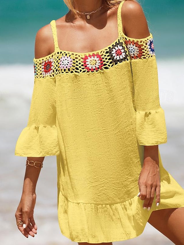 Women's Summer Dress Cover Up Ruffle Cut Out Beach Wear Holiday Long Sleeve Black White Yellow Color