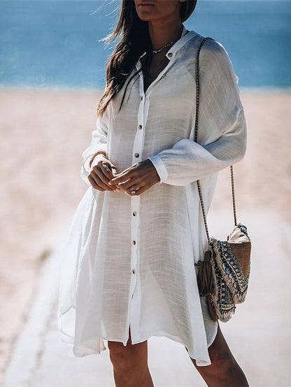 Women's White Dress Cover Up Beach Wear Midi Dress Button Basic Classic Plain Stand Collar Long Sleeve Loose Fit Outdoor Daily White 2023 Summer Spring One Size