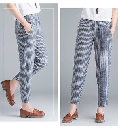 Women's Tapered Carrot Pants Linen Cotton Blend Striped Blue Grey Casual Ankle-Length Casual Daily