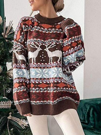 Women's Ugly Christmas Sweater Pullover Sweater Jumper Crochet Knit Knitted Animal Crew Neck Stylish Casual Outdoor Christmas Winter Fall Green Brown S M L / Long Sleeve / Weekend / Holiday