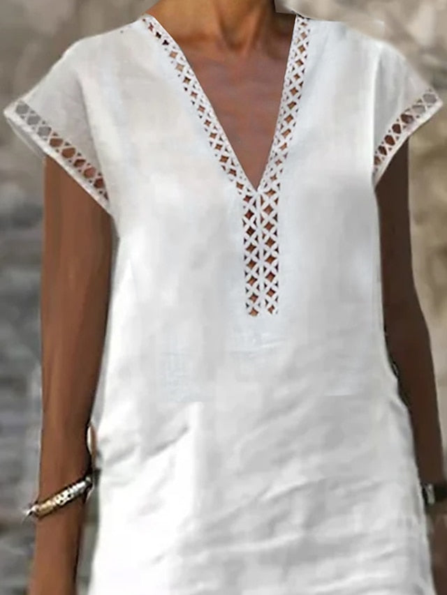 Women's Cotton Linen Dress Casual Dress Shift Dress Midi Dress Cotton Fashion Modern Outdoor Daily Vacation V Neck Cut Out Short Sleeve Summer Spring 2023 Regular Fit White Blue Green Plain S M L XL - LuckyFash™