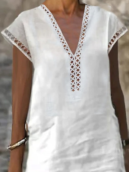 Women's Cotton Linen Dress Casual Dress Shift Dress Midi Dress Cotton Fashion Modern Outdoor Daily Vacation V Neck Cut Out Short Sleeve Summer Spring 2023 Regular Fit White Blue Green Plain S M L XL - LuckyFash™