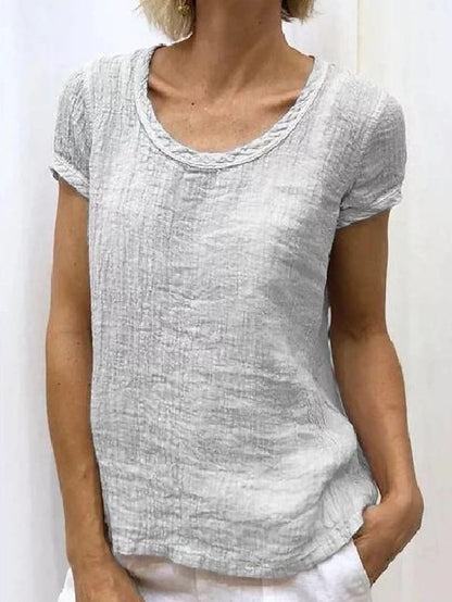 Women's Shirt Blouse Linen Plain Casual White Short Sleeve Basic Round Neck