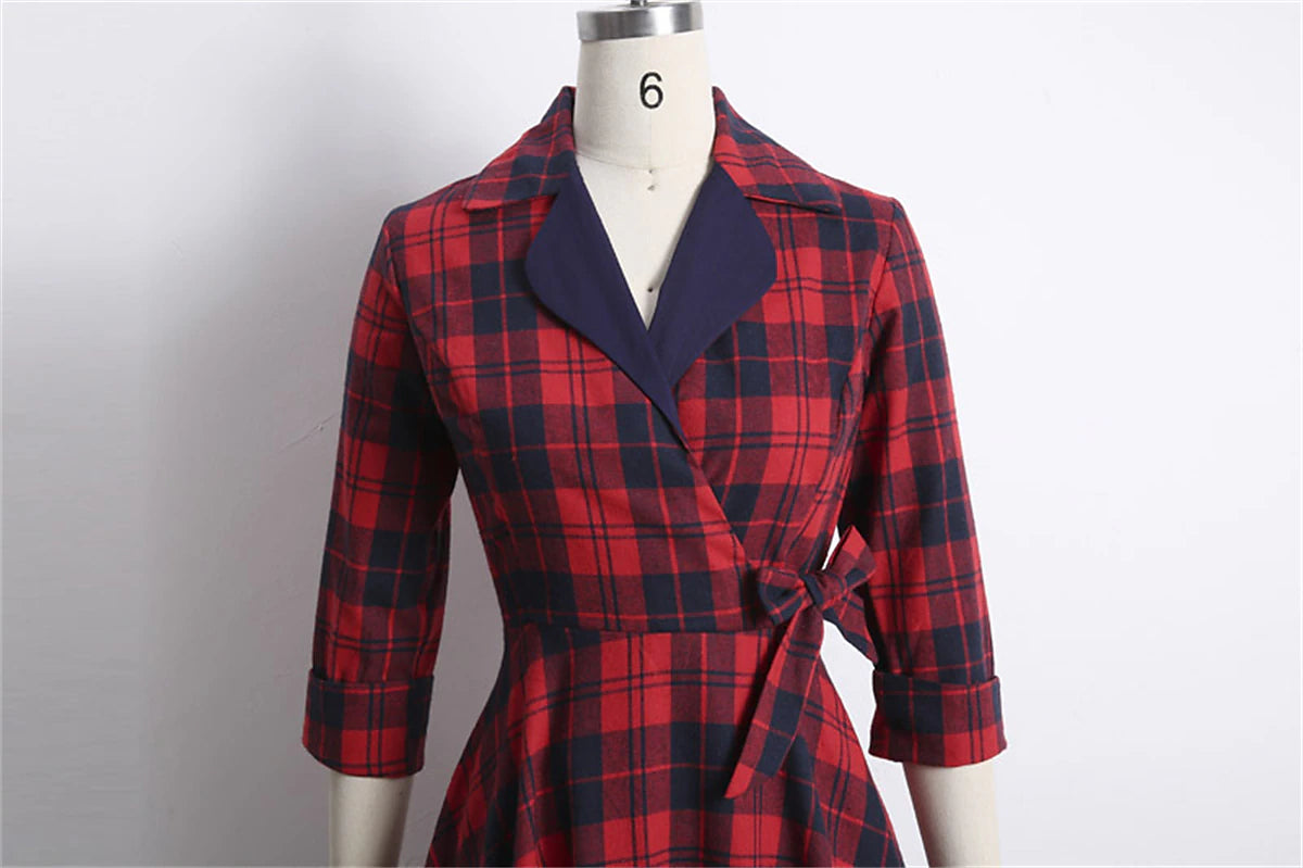 Women's Tartan Dress Swing Dress Plaid Dress Vintage Dress Green Red Long Sleeve Plaid Lace up Winter Fall Shirt Collar Mature Winter Dress Fall Dress 2022 S M L XL XXL