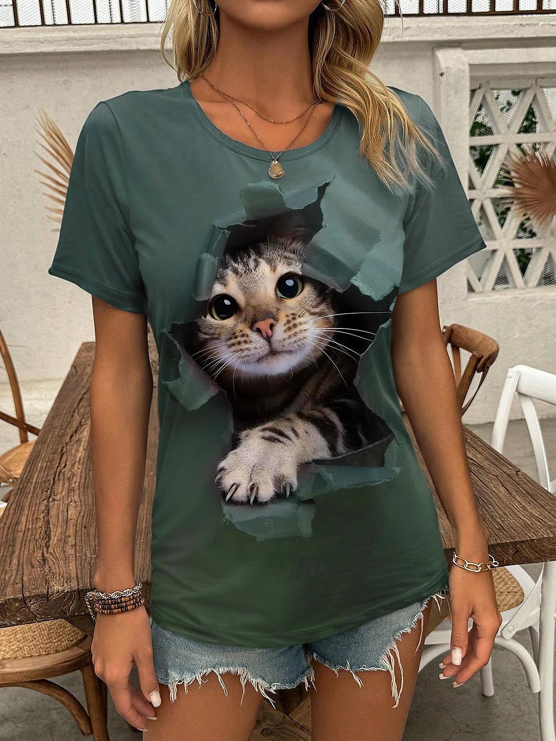 Women's T shirt Tee Animal Daily Weekend Print Green Short Sleeve Fashion Round Neck 3D cat Summer