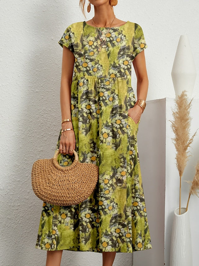 Women's Casual Dress Summer Dress Print Dress Floral Print Crew Neck Long Dress Maxi Dress Fashion Streetwear Outdoor Holiday Short Sleeve Regular Fit Yellow Red Blue Summer Spring S M L XL 2XL - LuckyFash™