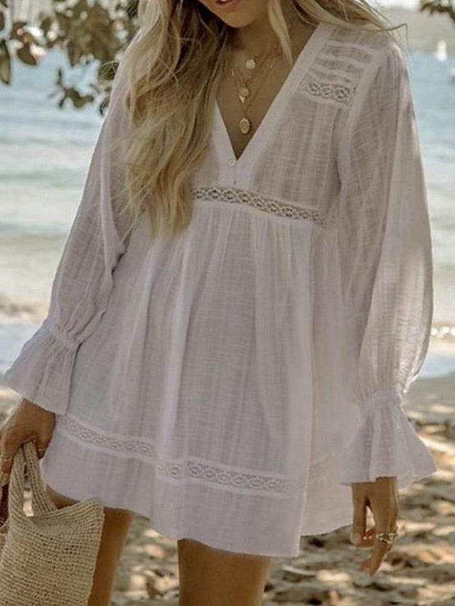 Women's White Dress Casual Dress Summer Dress Mini Dress Hollow Out Vacation Beach Streetwear Basic V Neck Long Sleeve White Color