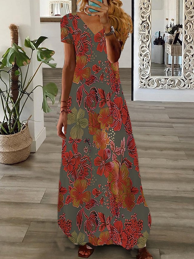 Women's Long Dress Maxi Dress Casual Dress Print Dress Graphic Floral Fashion Modern Daily Holiday Vacation Short Sleeve V Neck Dress Regular Fit White Pink Wine Summer Spring S M L XL 2XL 3XL 4XL 5XL - LuckyFash™