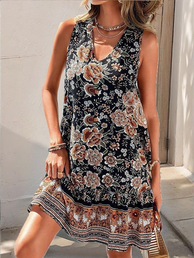 Women's Slip Dress Floral Plants Ruffle V Neck Mini Dress Bohemia Holiday Date Sleeveless Summer