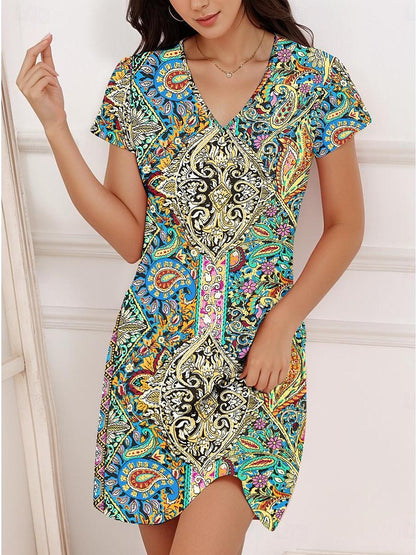 Women's Shift Dress Paisley Print V Neck Mini Dress Bohemia Stylish Vacation Short Sleeve Summer