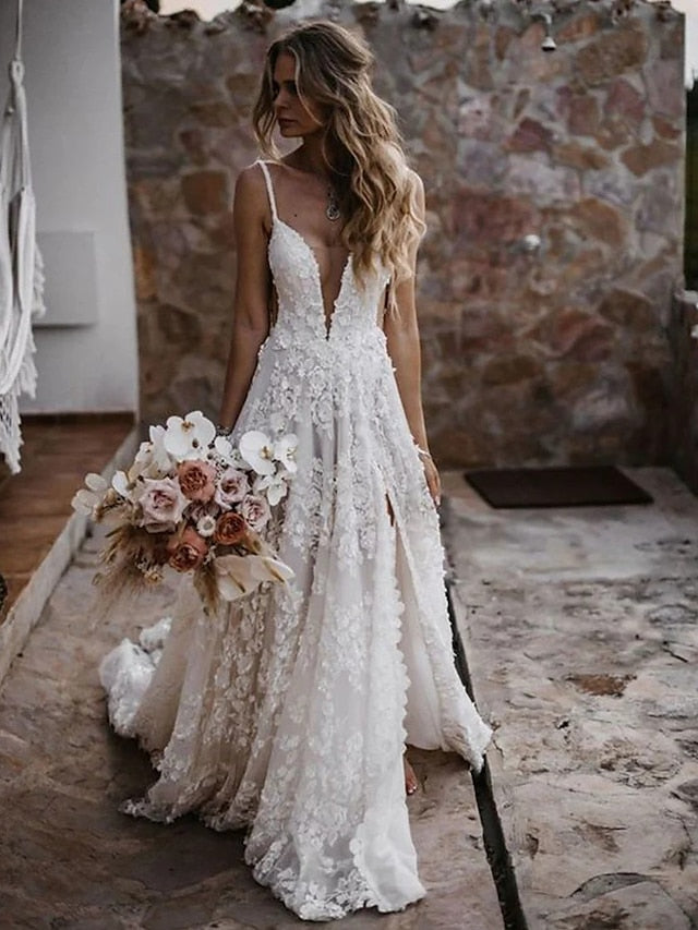 Beach Sexy Boho Wedding Dresses A-Line Sweetheart Camisole Spaghetti Strap Court Train Lace Bridal Gowns With Appliques Split Front 2023 Summer Wedding Party, Women's Clothing - LuckyFash™