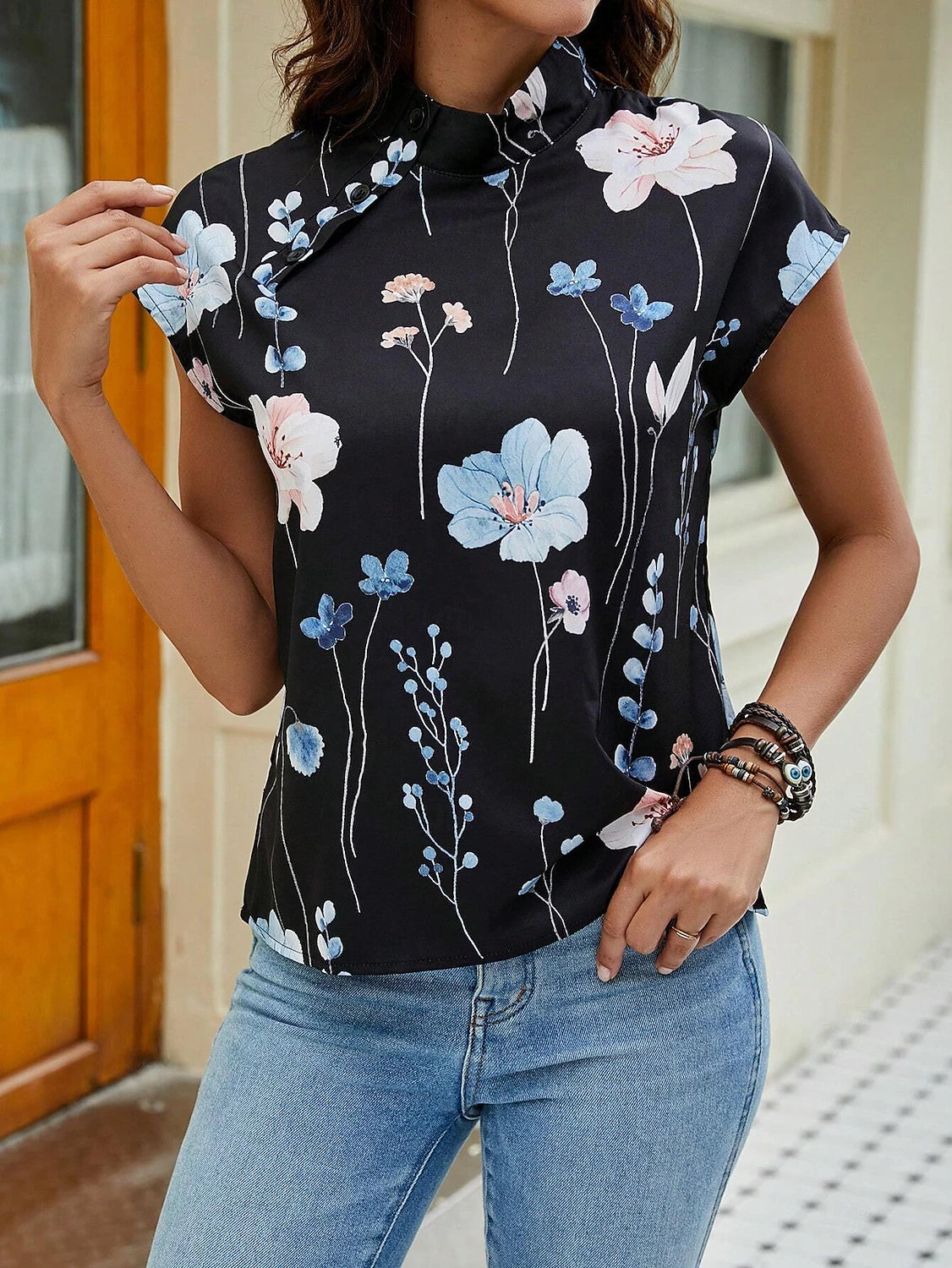 Women's Shirt Blouse Floral Print Black White Button Cap Sleeve Casual Work High Neck Short Sleeve Summer Blouse