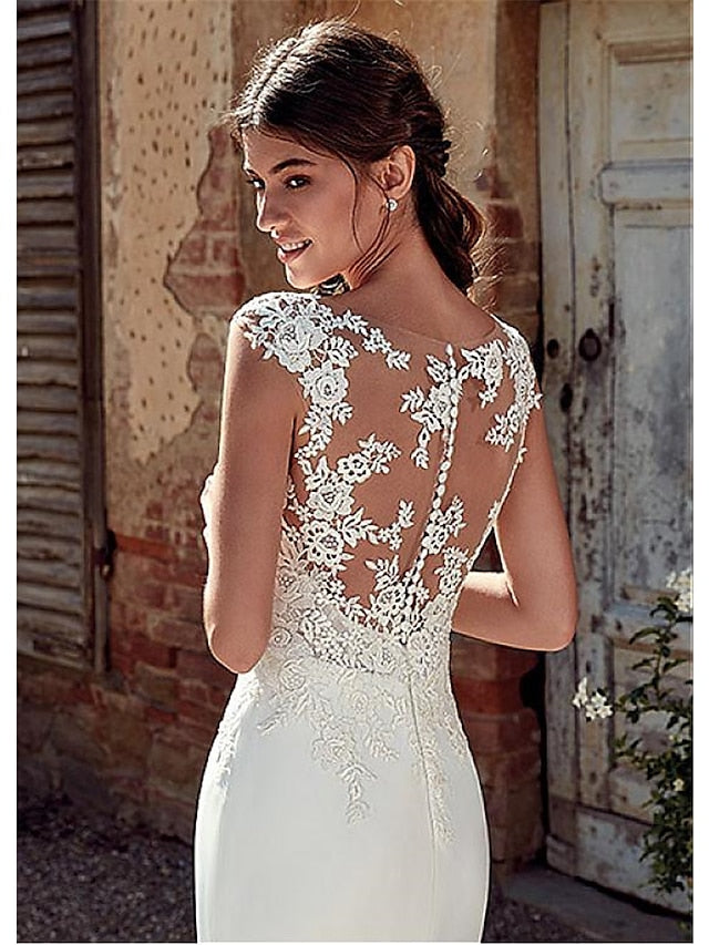 Beach Open Back Wedding Dresses Mermaid / Trumpet Illusion Neck Cap Sleeve Court Train Chiffon Bridal Gowns With Appliques 2023 Summer Wedding Party, Women's Clothing - LuckyFash™