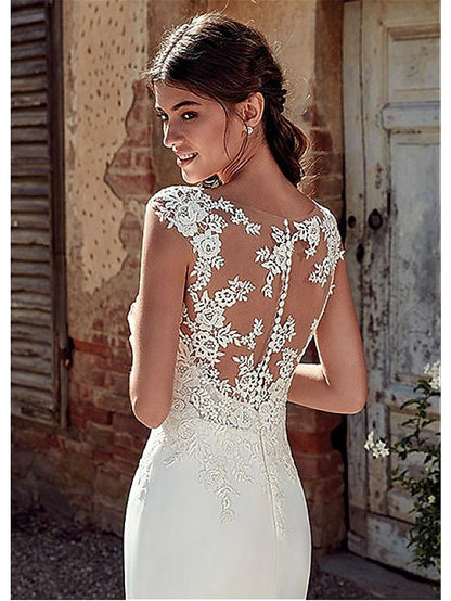 Beach Open Back Wedding Dresses Mermaid / Trumpet Illusion Neck Cap Sleeve Court Train Chiffon Bridal Gowns With Appliques 2023 Summer Wedding Party, Women's Clothing - LuckyFash™