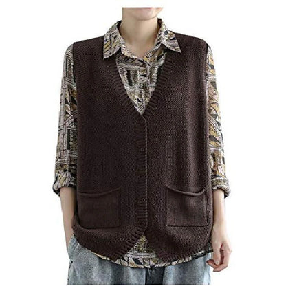 Women's Sweater Vest V Neck Knit Cotton Blend Pocket Knitted Spring Fall Daily Basic Casual Sleeveless Solid Color Black Brown khaki S M L