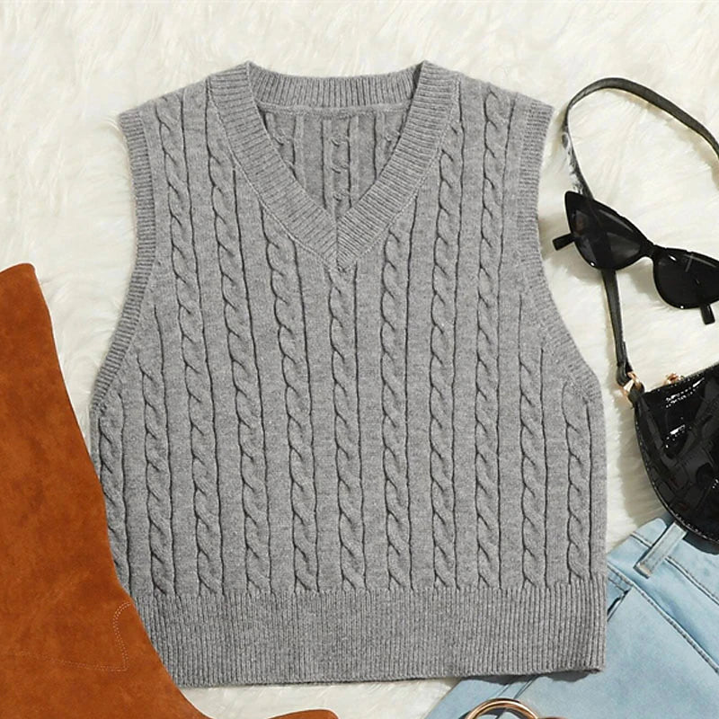 amazon hot selling sweater vest european and american fashion casual sleeveless sweater cable v-neck knitted vest women