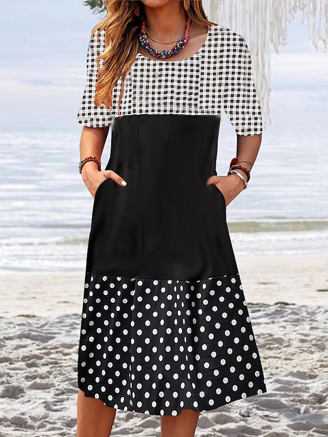 Women's Casual Dress Summer Dress Print Dress Graphic Polka Dot Print Crew Neck Midi Dress Fashion Modern Daily Holiday Short Sleeve Regular Fit Black Yellow Cream Summer Spring S M L XL XXL - LuckyFash™