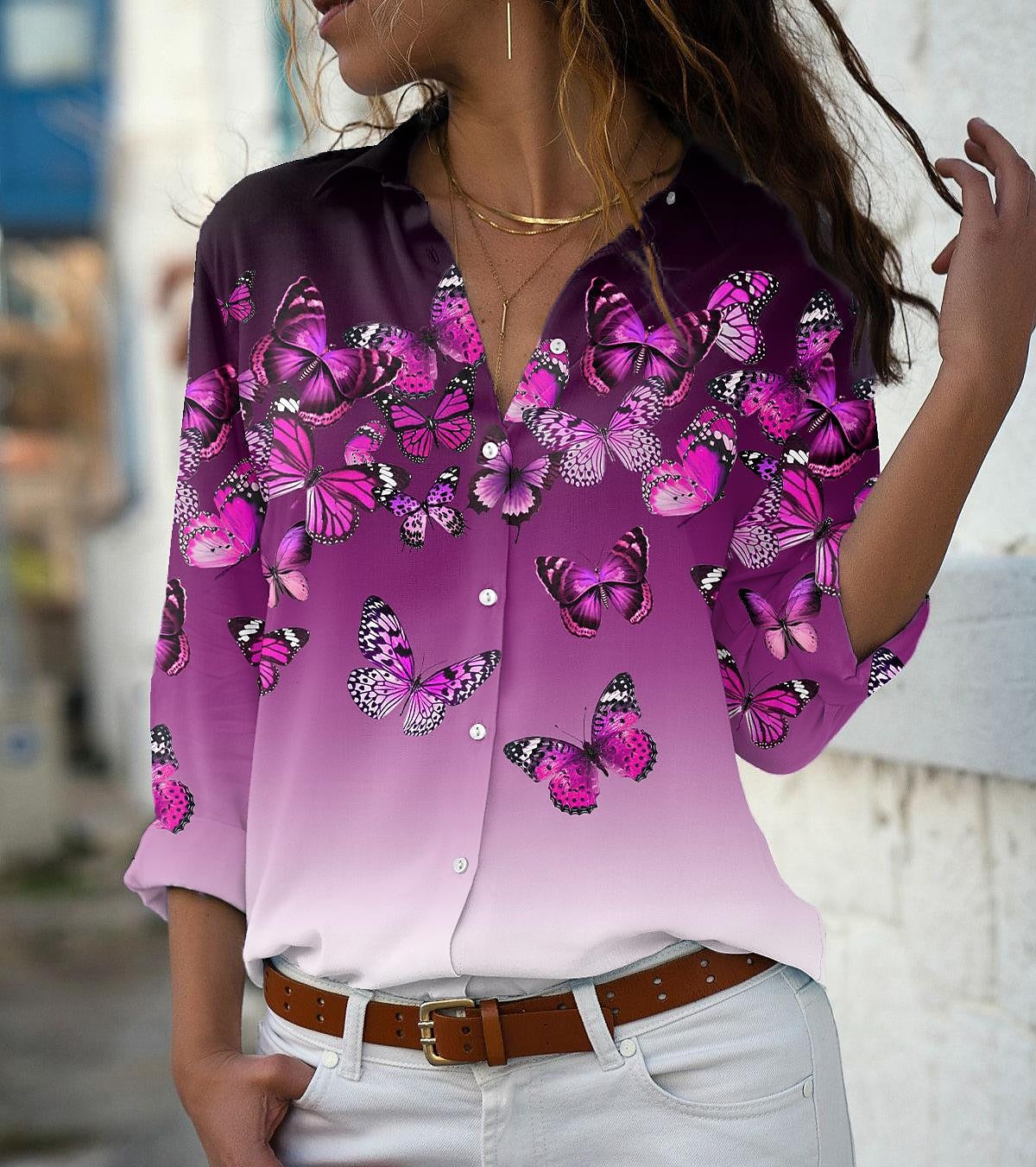 Women's Shirt Blouse Pink Blue Purple Animal Butterfly Button Print Long Sleeve Holiday Weekend Streetwear Casual Shirt Collar Regular Butterfly S