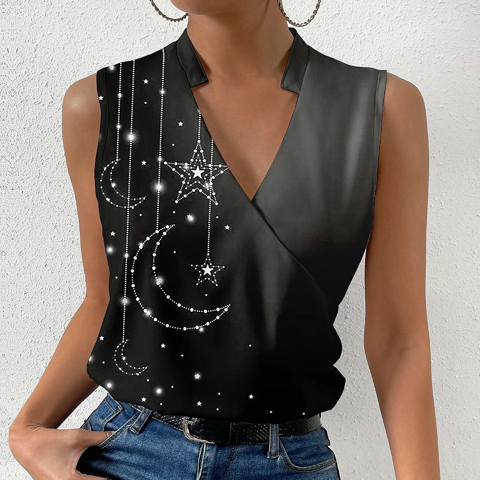 Women's Tank Top Galaxy Casual Print Black Sleeveless Fashion V Neck Summer