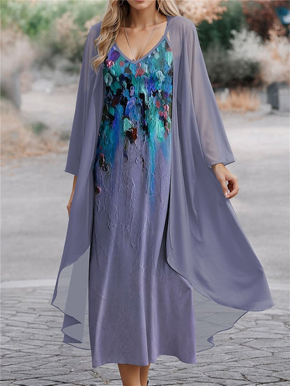 Women's Two Piece Dress Set Casual Dress Chiffon Dress Swing Dress Outdoor Office Fashion Streetwear Print Long Dress Maxi Dress V Neck Long Sleeve Floral Regular Fit Blue Purple Green Spring S M L