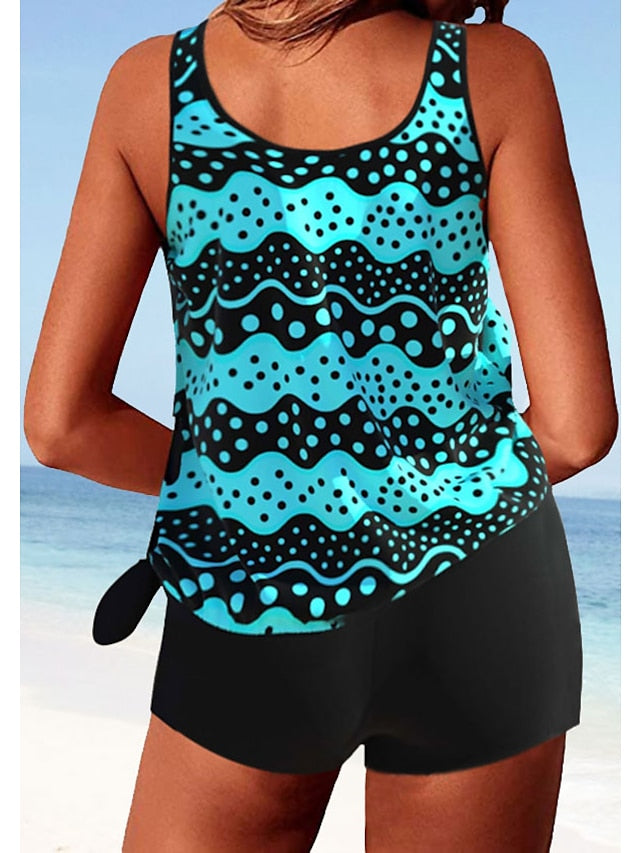 Women's Swimwear Tankini 2 Piece Normal Swimsuit 2 Piece Modest Swimwear Floral Print Leaves Floral Black Blue Green Padded High Neck Bathing Suits Sports Vacation Beach Wear - LuckyFash™