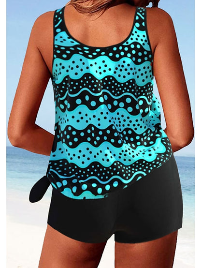 Women's Swimwear Tankini 2 Piece Normal Swimsuit 2 Piece Modest Swimwear Floral Print Leaves Floral Black Blue Green Padded High Neck Bathing Suits Sports Vacation Beach Wear - LuckyFash™