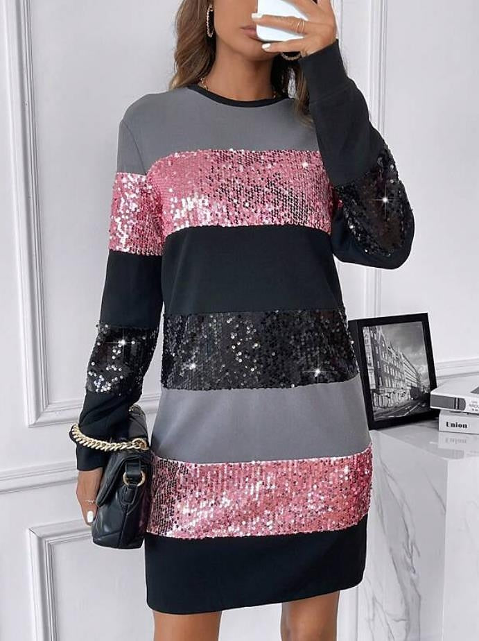 Women's Sequin Dress Party Dress Cocktail Dress Sequins Patchwork Crew Neck Long Sleeve Striped Mini Dress Vacation Formal Pink Gold Spring Winter