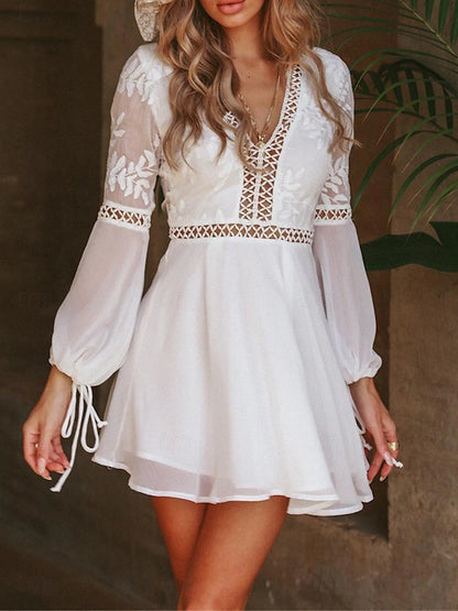 Women's White Dress Lace Dress Casual Dress Mini Dress Lace Backless Date Vacation Streetwear A Line V Neck Long Sleeve White Color