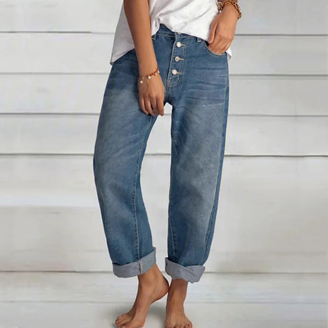 Women‘s Moms Jeans Slacks Pants Trousers Full Length Denim Side Pockets Micro-elastic Mid Waist Fashion Casual Weekend Blue S M Summer Spring &  Fall