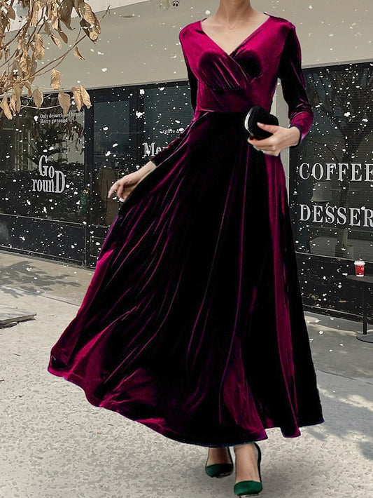 Women's Velvet Dress Prom Dress Party Dress Velvet Ruched V Neck Long Sleeve Christmas Vacation Black Wine Winter