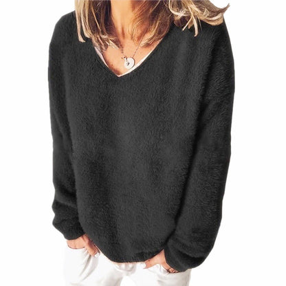 Women's Sweatshirt Pullover Fleece Solid Color Street Casual Black Wine Navy Blue Teddy Fuzzy V Neck Long Sleeve Top Micro-elastic Fall & Winter